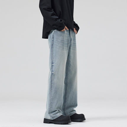 JIAMU American Spring and Summer Ice Blue Flower Baggy jeans Light Color Men's Straight Loose Wide Leg Neutral