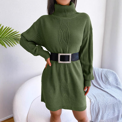 Clearance Sale Autumn/Winter European and American Casual High-Neck Cable-Knit Lantern Sleeve Sweater Dress Amazon Hot-Selling Cross-Border Women's Clothing