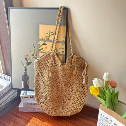 New Style Cotton Straw Woven Bag Women's Bag Tassel Hand Woven Bag Large Capacity Tote Bag Holiday Beach Bag for Women