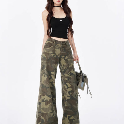 American High Street Military Green Camouflage Work Jeans Women's Straight Loose Retro Slightly Flared High Waist Casual Wide Leg Pants