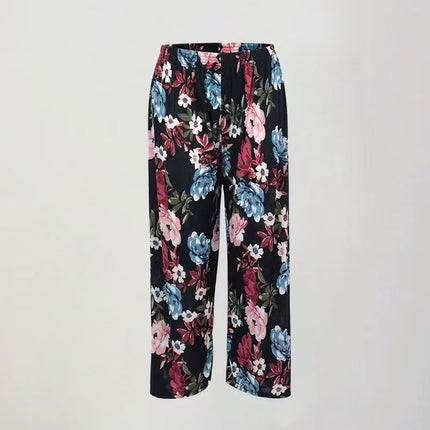 Foreign Trade Plus Size Middle-aged and Elderly Summer Thin Breathable Nine-point Flower Pants Mom Pants Ice Silk Loose Straight Pants