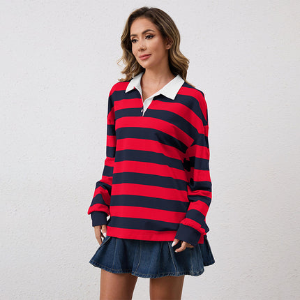 2025 European and American Cross-Border Long-Sleeved Stripesd T-Shirt Autum New Casual Versatile Loose Lapel Top