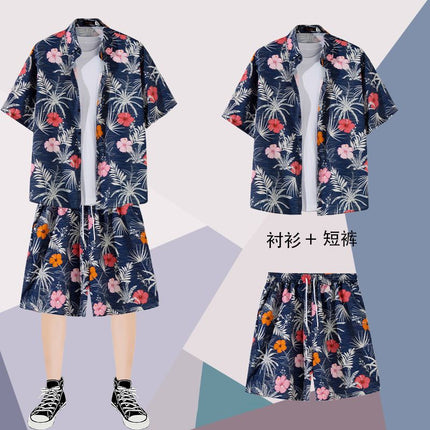 Summer thin short-sleeved floral shirt men's Hong Kong style retro Ruan Shuai Hawaiian seaside couple short-sleeved shorts two-piece set