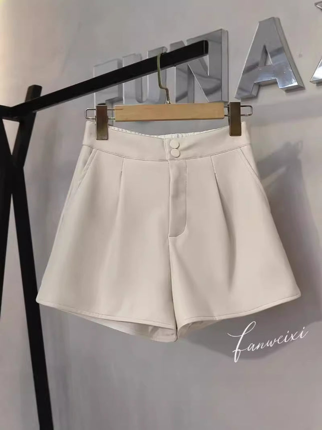 Early Autumn PU Leather Pants Spice Girls Solid Color Casual Short Skirt Outer Wear New High Waist Slimming Wide Leg Pants Instagram All-Match Trendy