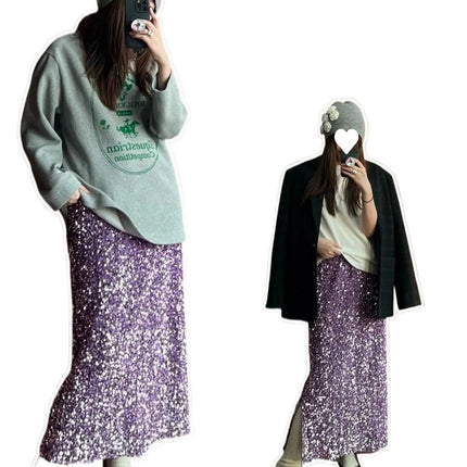 plus size French Style Retro Pearlescent Glittering Sequin Skirt Women's Spring and Autumn Draping Hip A- Line Long Skirt chubby girl Skirt