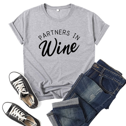 Foreign Trade Cross-border PARTNERS IN WINE Printed Short-sleeved Crewneck T-shirt European and American Men's and Women's Top Loose Casual