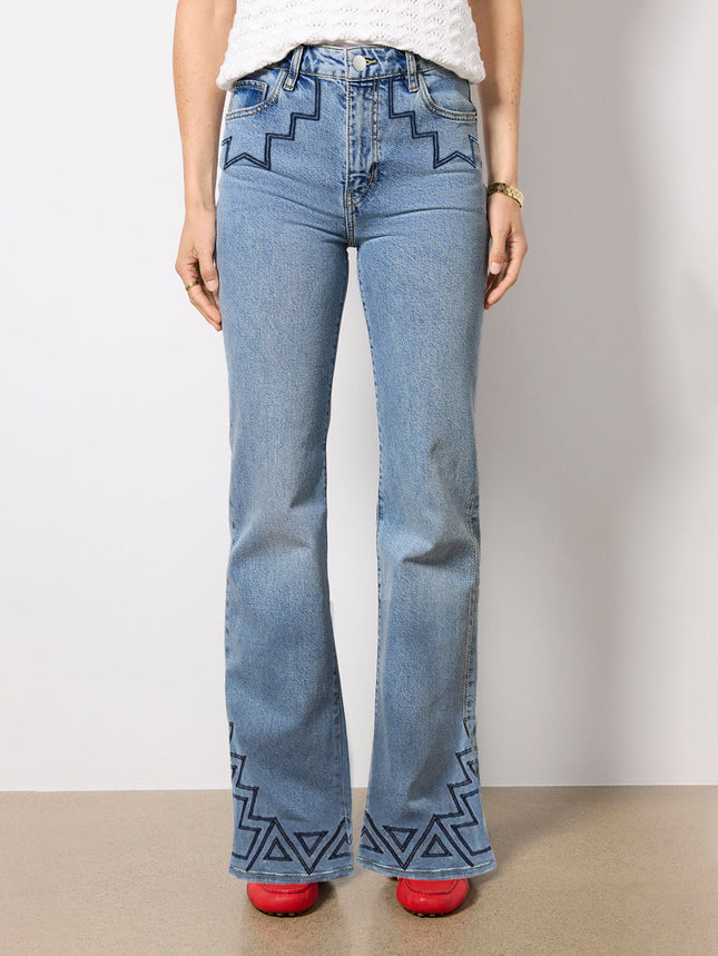 Guangzhou Foreign Trade Tiktok Pop In-Stock Dropshipping Printed Denim Jeans for Women, Stretchy Slim Fit Flared Pants
