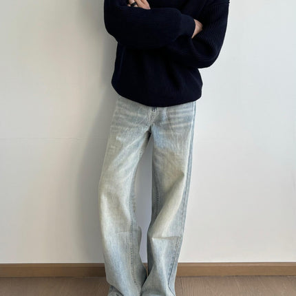 RDT Men's Wear | cleanfit Washed Old Vintage Ice Blue Cream Falling Cat Must Scratch Slight Jeans Men