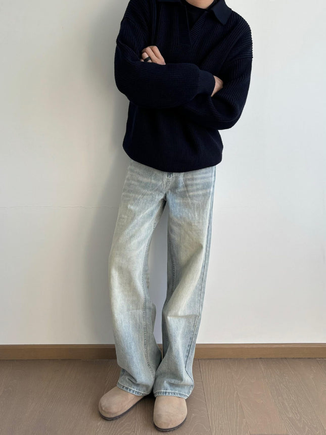RDT Men's Wear | cleanfit Washed Old Vintage Ice Blue Cream Falling Cat Must Scratch Slight Jeans Men