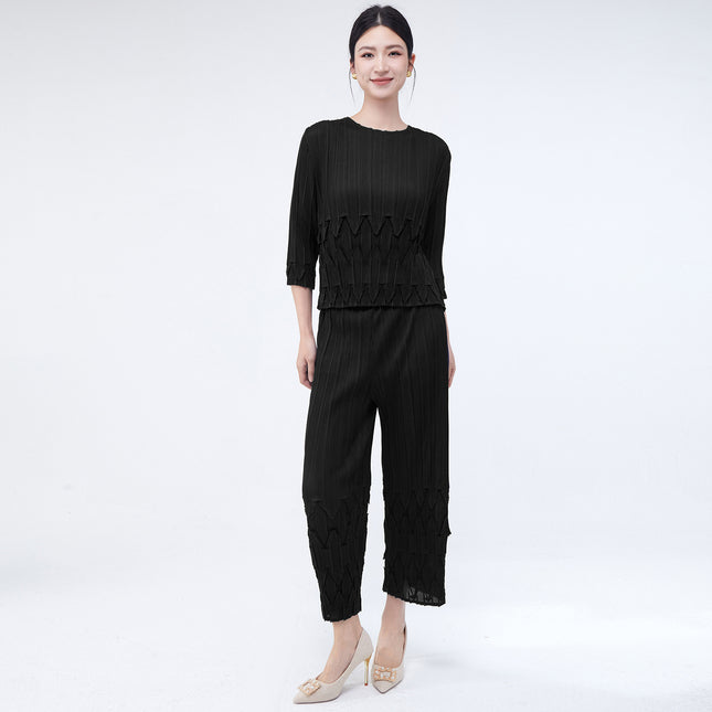 Women's Spring Women's Suits, High-End Pleated Clothes, a Complete Set of T-Shirts, Tops, Straight Pants, Miyake Two-Piece Set