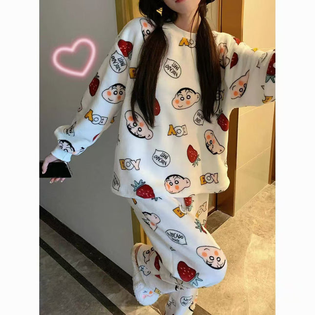 2024 New Autumn and Winter Coral Velvet Cartoon Stripesd Women's Pajamas Thickeneded and Wearable Home Wear Set