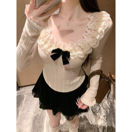 Winter New Sweet Style Lace Splicing Long-Sleeved Shirt for Women Niche Chic Slimming Age-Reducing Bottoming Top Trend