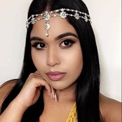 Exotic Style ancient style forehead accessories Hanfu hair accessories women's pearl flower tassel hair band Diamond-embedded headdress ethnic style hair band