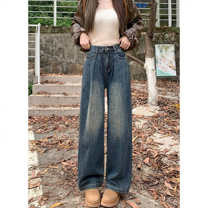 Women's Straight-Leg Loose Jeans Spring Autumn Winter 2024 New High-Waisted Slim Petite Wide-Leg Floor-Length Pants