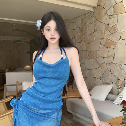 Korean Ins Swimsuit Hot Spring Vacation Four-Piece Set Blue Sexy Pure Lust Style Suspender Sexy Summer Halterneck Wholesale