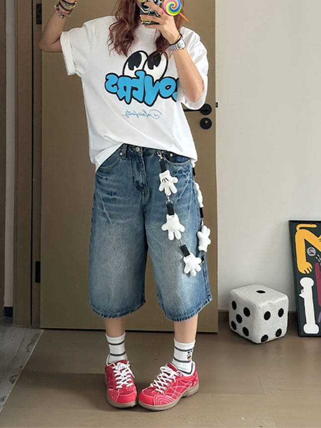 Vintage Fun Decorative Capri Pants Women's Summer Jeans High Waist Straight-Leg Loose American Style Capri Wide Leg Jeans