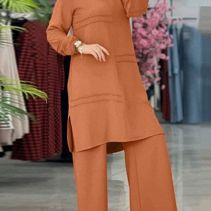 2024 Women's Two-Piece Sportswear Set: Elegant Solid Color Long-Sleeve Shirt and Wide-Leg Pants Set