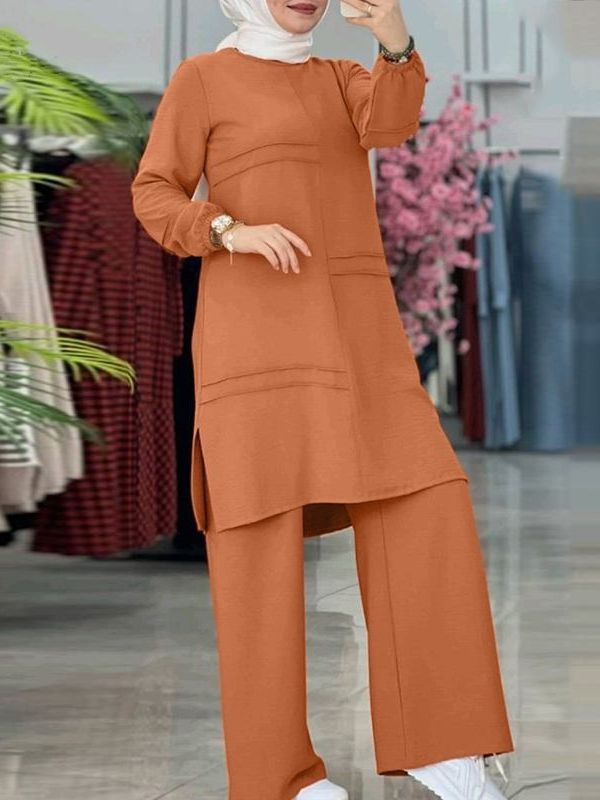 2024 Women's Two-Piece Sportswear Set: Elegant Solid Color Long-Sleeve Shirt and Wide-Leg Pants Set