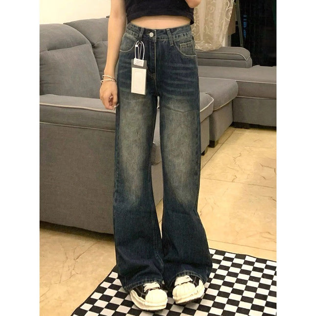 Blue Grey Slax Jeans Women's Fashionable All-match New High Waist Slimming Loose Flesh Covering Simple Casual Wide-leg Pants