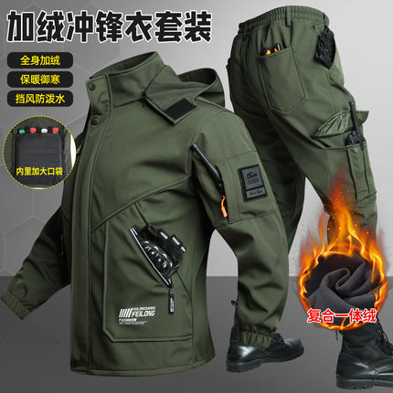 Men's Autumn and Winter Fleece-Lined Thickened Softshell Tactical Outdoor Sports Workwear Suit, Waterproof and Windproof