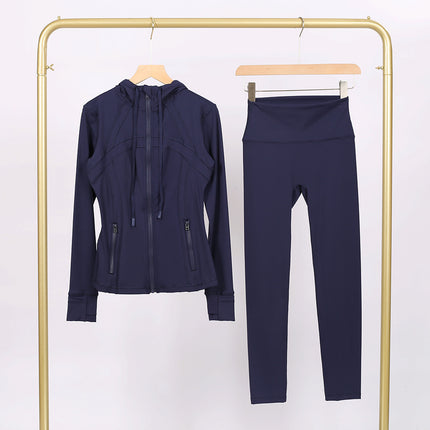 Lulu Df Stamped Hooded Jacket and Cropped Pants Set, Tight-Fitting Stretch Jacket with Gold Zipper, Fitness Yoga Outfit