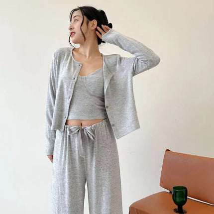 Autumn and Winter Brushed Cotton Women's Camisole Pajama Set with Chest Pads, Three-Piece Cardigan Set, Can Be Worn Outside, Ins-Style Loungewear Set