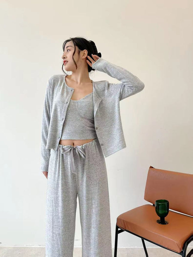 Autumn and Winter Brushed Cotton Women's Camisole Pajama Set with Chest Pads, Three-Piece Cardigan Set, Can Be Worn Outside, Ins-Style Loungewear Set