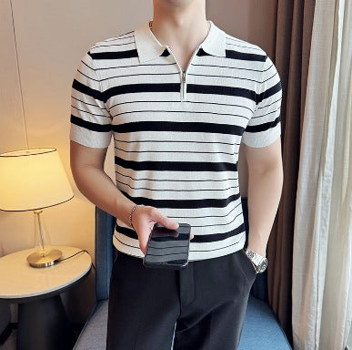 2025 Men's Knitted Polo Shirt Handsome Summer Trendy Men's Right Shoulder Shirt Collar American Zipper Lapel Stripesd T-Shirt