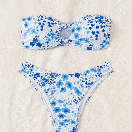 2025 New Swimsuit Female Sexy Cross-Border Split Floral Bikini Bikini Tube Top Cut Out Export Swimsuit Female
