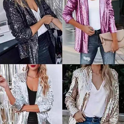 European and American Amazon Cross-border New Commuter Style Solid Color Cardigan Suit Collar Long Sleeve Casual Sequin Suit Jacket Women
