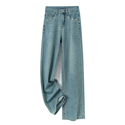 Ripped Pockets Vintage Green High-Waisted Slim Wide-Leg Pants Women 2026 Spring Casual Breathable Slimming Straight-Leg Jeans