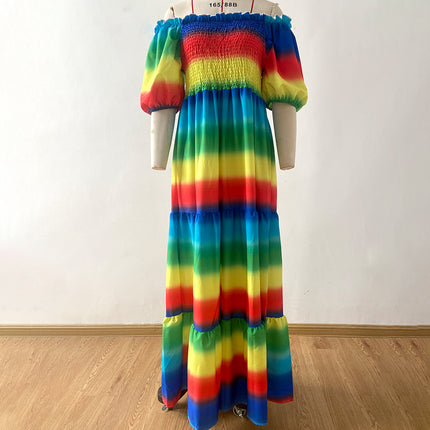 2025 cross-border new spring and summer European and American women's dress off-shoulder floral fashion off-shoulder long printed skirt