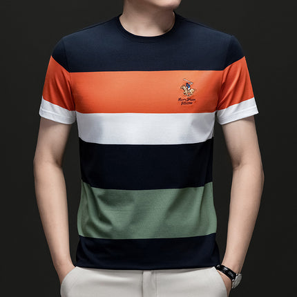 Mingdi Mouse Men's Summer New Business Casual Plus Size T-shirt Casual Round Neck Striped Short-sleeved Men's T-shirt
