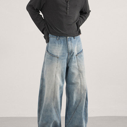 Lktm Men's Clothing American-Style Design with Three-Dimensional Cutting and Patchwork Denim Pants, Trendy Brand Baggy Wide-Leg Curved Pants for Men and Women