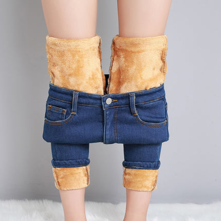 High-Waisted Blue Fleece-Lined Jeans for Women, Stretchy Skinny Pants, 2025 Autumn and Winter New Fleece Pencil Pants
