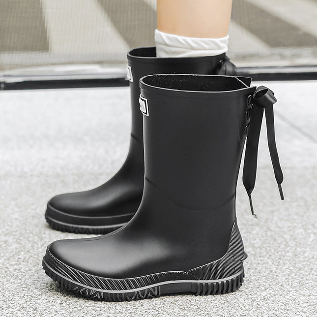 Cross-border Fashion Mid-high Rain Boots Women's Sweet Student All-match Rain Boots Soft Sole Non-slip Camping Shoes Waterproof Car Wash Shoes