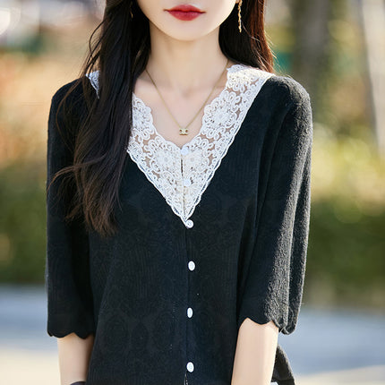 Spring and Summer New French Lace Worsted Wool Thin Cardigan Breathable Cut Out Women's V Neck Quarter-Sleeve Jacket