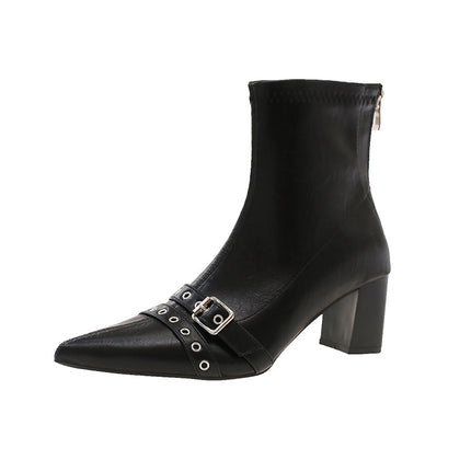 Punk Style Pointed Toe Short Boots Women's Boots 2025 New Spring & Fall Single Boots Rear Zipper Slim Boots Low Heel Ankle Boots