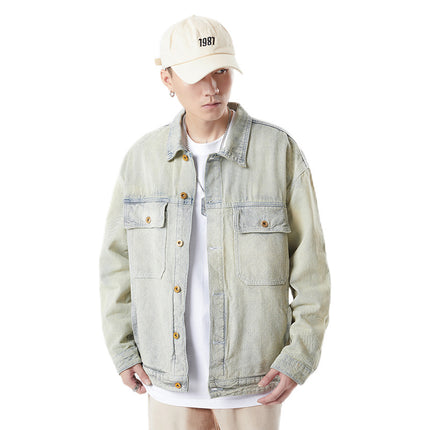 Men's Denim Jacket Casual Versatile Trendy Brand European and American Street Loose Clothing Retro Style Personalized Jacket Men's Light Color
