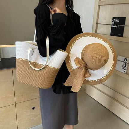 New Color-matching Straw Woven Bag Straw Hat suit Large Capacity Shoulder Bag Woven Bag High-end Seaside Beach Tote Bag