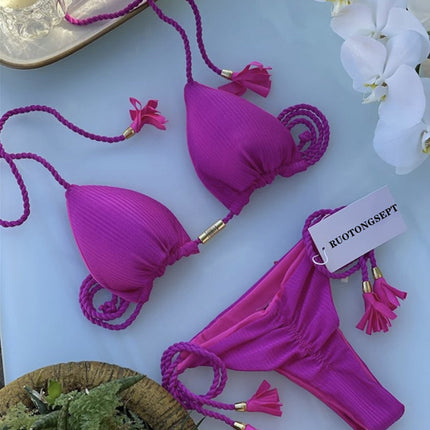 European and American 2025 Spot New Fashion Split Pure Color Bikini Bikini Swimsuit Sexy Lace-Up Halter Swimsuit