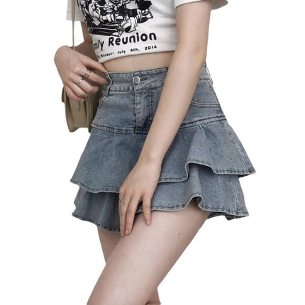 High Waist Fashionable Hot Girl Ruffled Denim Cake Skirt Short Skirt Women's Summer Design Sense Niche A- line Pants Skirt