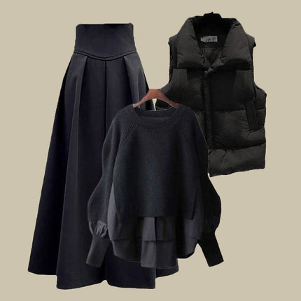 Autumn and Winter Outfits for Women 2025 New Large Size Loose Fake Two-Piece Sweater Versatile Vest Slimming Look Skirt Three-Piece Set