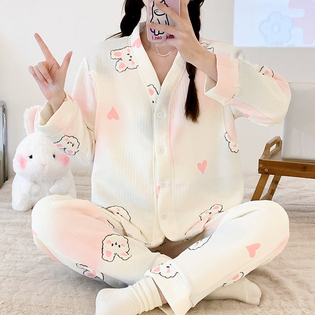 New online celebrity pregnant women nursing pajamas autumn and winter thickened plus size sandwich air cotton maternity cardigan warm confinement clothing