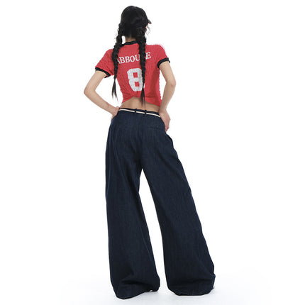 Bumi House Retro Original Cow Color with Drawstring Hot Girl Style Retro Drooping Sense Straight Tube Loose Double Pleated Wide Leg Jeans for Women