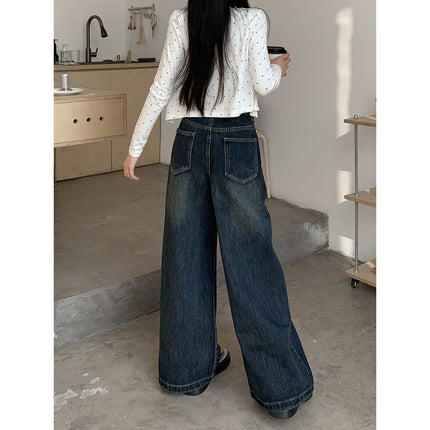 Spring New Retro dark blue Wide Leg Mop Jeans Women