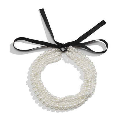 European and American Cross-border Jewelry Fashion Sense Bow Beaded Clavicle Chain DIY Lace Velvet Pearl Necklace Women
