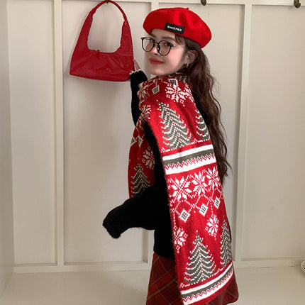 Atmosphere Christmas Tree Deer Wool Blended Knitted Scarf Women's Winter Warm Thickened Cold-proof Wool Scarf