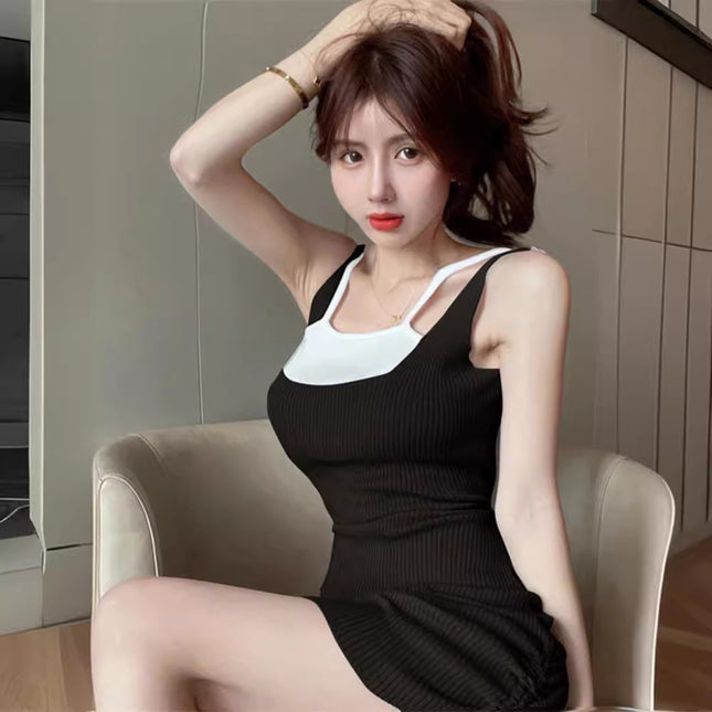 Cross-border Dress Women's New French Design Sense Tight Waist Slim Elegant Fake Two-piece Sexy Hip Strap Skirt