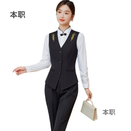 [Chinese-Style Reception] Front Desk Restaurant Waiter Work Uniform Professional Women's Vest Suit Spring and Autumn Suit